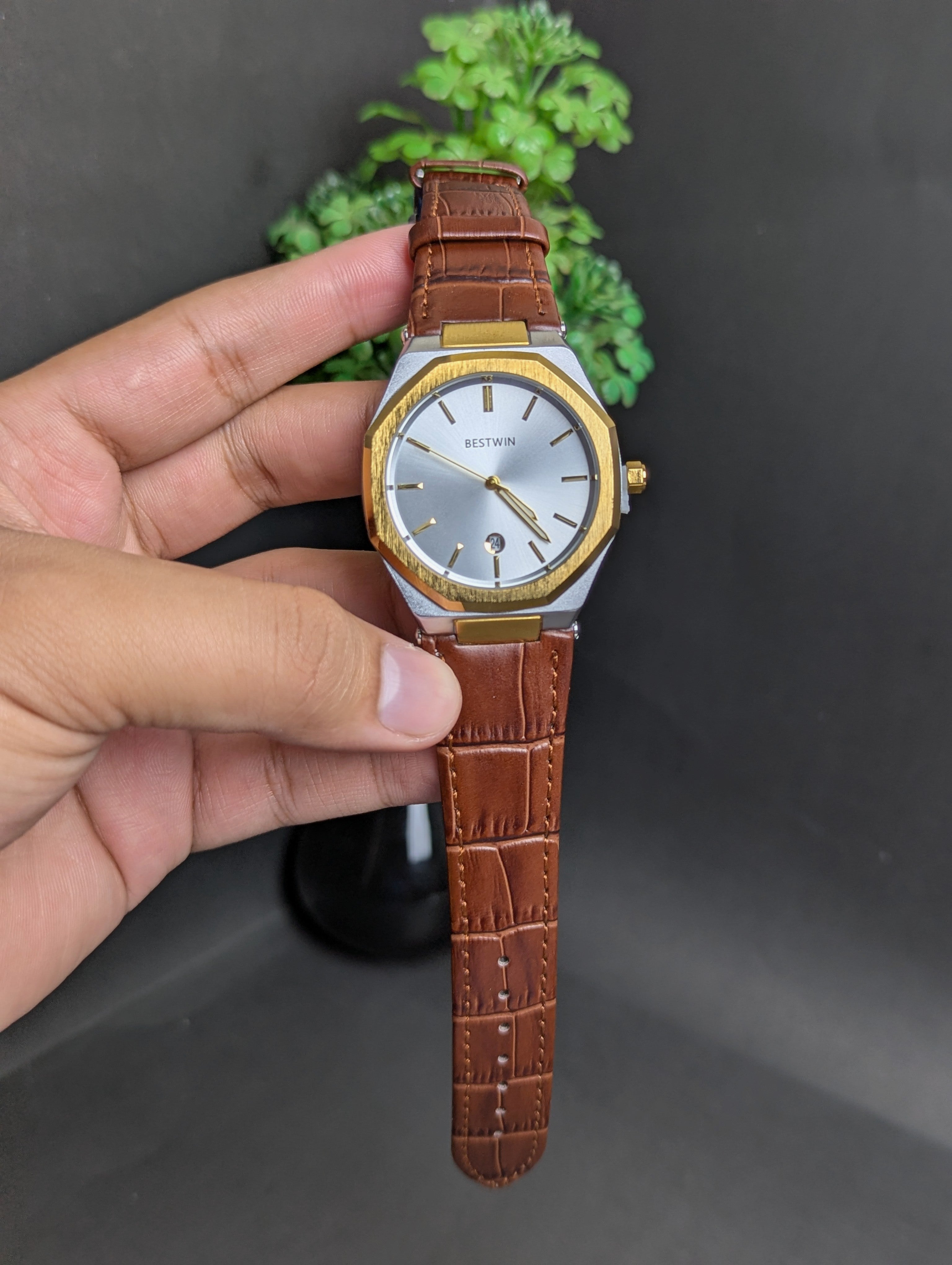 BESTWIN WHITE DIAL WITH BROWN STRAP